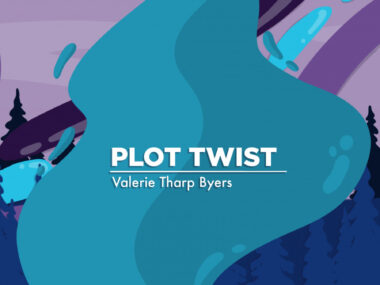 A banner for Valerie Tharp Byers' column, depicting blue and purple swirls dancing across a night sky, with the words 