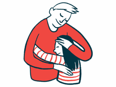 A parent or caregiver embraces a young child in this illustration.