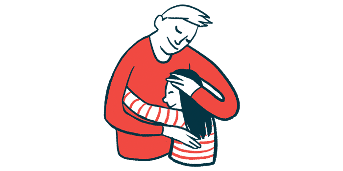 A parent or caregiver embraces a young child in this illustration.