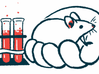 A human hand holds a mouse alongside a rack of three vials filled with liquid.