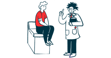 A patient sits on an examination table as a doctor speaks to the patient.