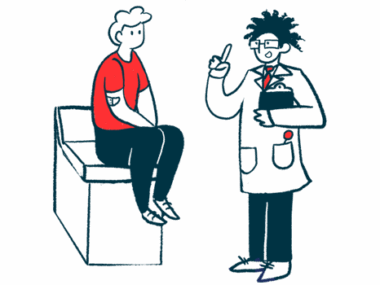 A patient sits on an examination table as a doctor speaks to the patient.