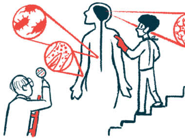 An illustration showing two scientists evaluating various aspects of a person's anatomy.