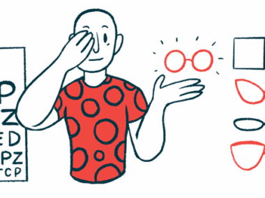 A man covers one eye with his hand and eyeglasses appear over his other hand.