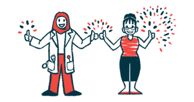 Fireworks are seen over the hands of a clinician and a patient standing side by side and both giving a double thumbs up.