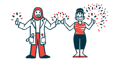 Fireworks are seen over the hands of a clinician and a patient standing side by side and both giving a double thumbs up.