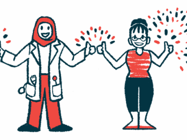 Fireworks are seen over the hands of a clinician and a patient standing side by side and both giving a double thumbs up.