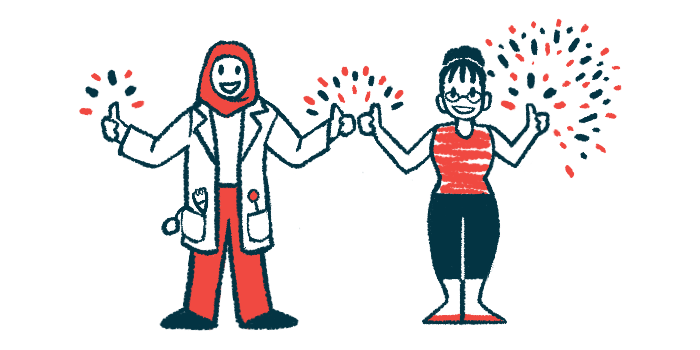 Fireworks are seen over the hands of a clinician and a patient standing side by side and both giving a double thumbs up.