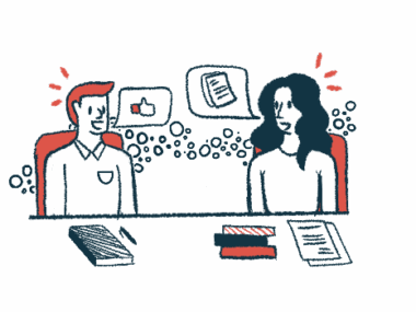 Speech bubbles denote a conversation between two people at a meeting who are seated at a table with work in front of them.
