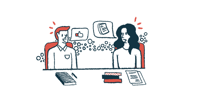 Speech bubbles denote a conversation between two people at a meeting who are seated at a table with work in front of them.